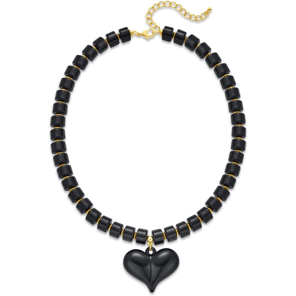 Women's Chunky Puff Black Heart Penadnt Acrylic Beaded Chain Necklace